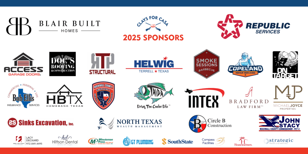 Horizontal image with all the sponsors of the 10th annual Clays for CASA Clayshoot.